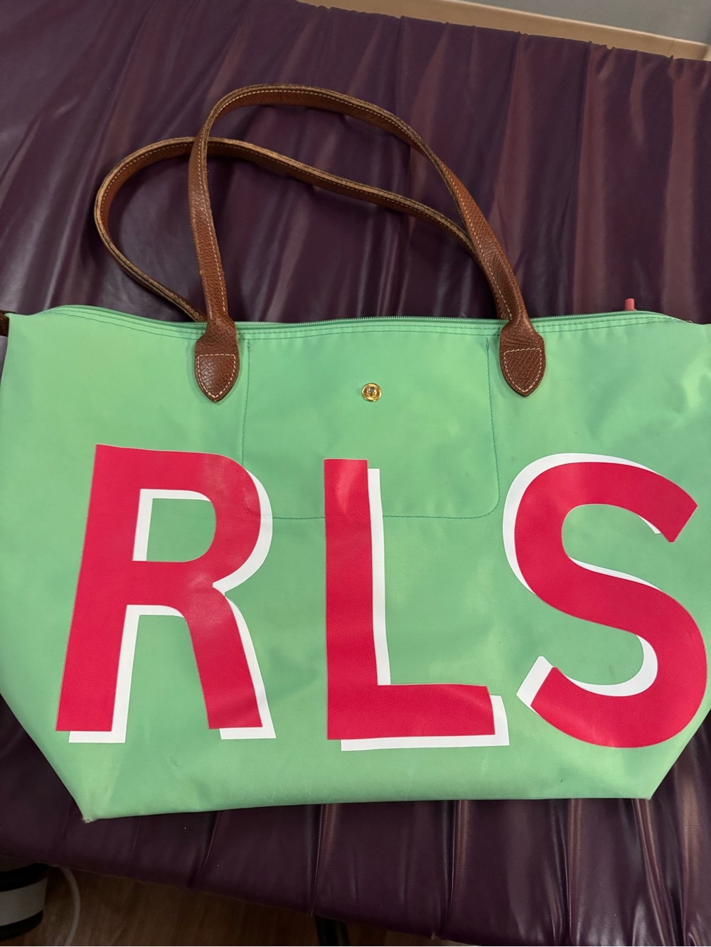 Longchamp Green Tote with Pink Lettering and Brown Trim - Picture 12 of 14
